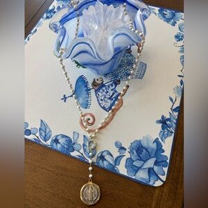 Long Saint Benedict Medallion and Pearl Necklace